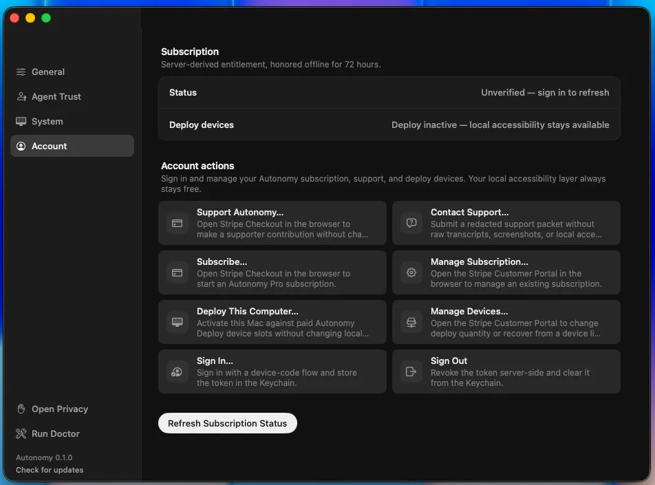 Autonomy Account settings showing unverified subscription status, inactive deploy devices, support, subscribe, manage subscription, deploy this computer, manage devices, sign in, and sign out actions.