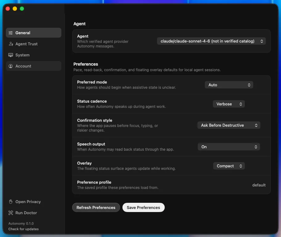 Autonomy Settings window at a narrower restored size with the General tab selected and Account navigation row hovered, while the same agent and preference controls remain readable.