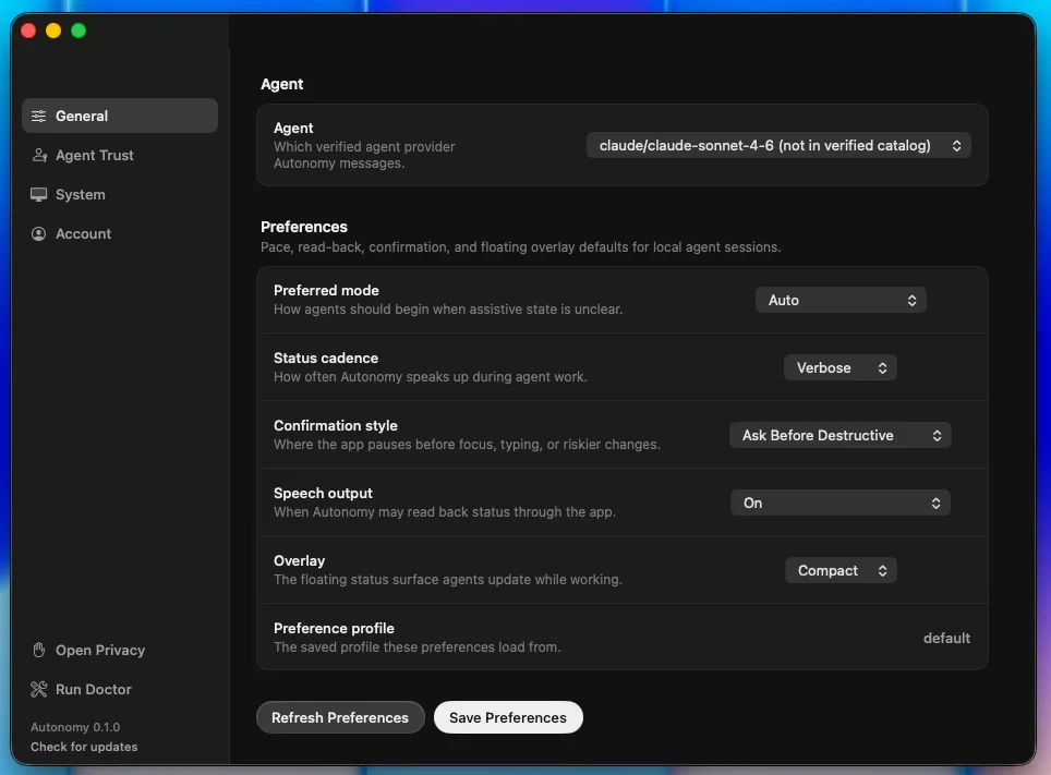 Autonomy General settings showing the selected Claude agent, preferred mode, status cadence, confirmation style, speech output, overlay setting, and preference profile.