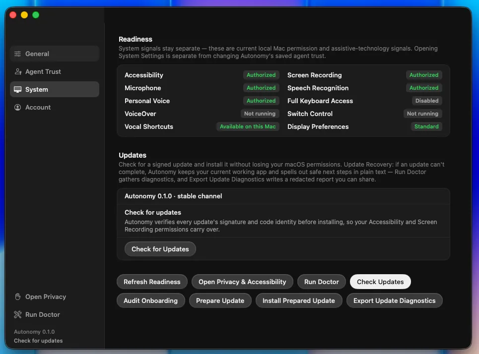 Autonomy System settings showing readiness checks for accessibility, microphone, Personal Voice, VoiceOver, vocal shortcuts, screen recording, speech recognition, full keyboard access, Switch Control, display preferences, and signed update controls.